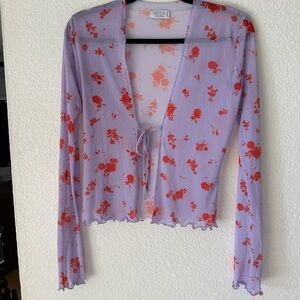 RESA Lavender Sheer Tie-Front Top with Red Floral Print